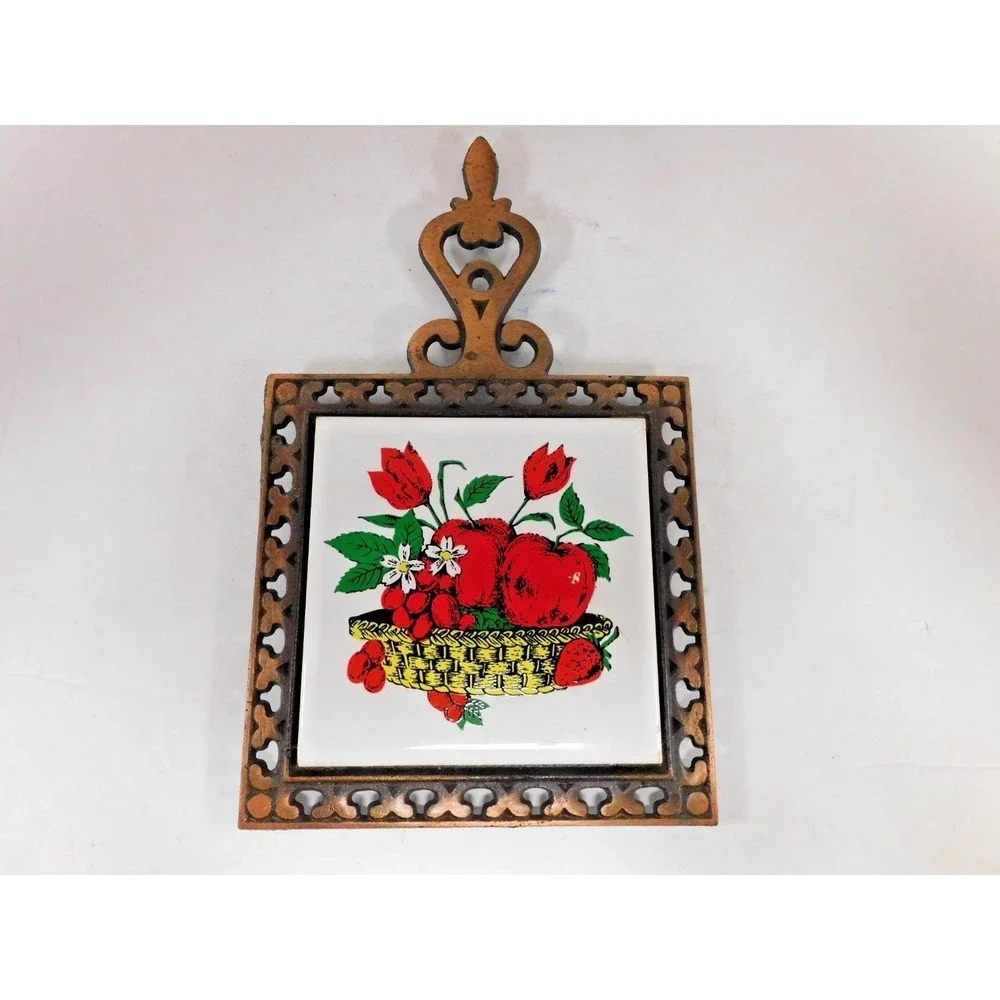 Vintage 1970's Cast Iron & Ceramic Tile Trivet Assorted Vegetables JC484